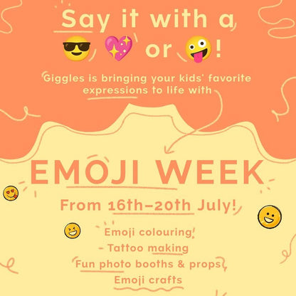 Emoji Week event with emoji-themed text and graphics on a pink background.