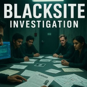 A group of young adults in a dimly lit room, gathered around a table with documents, appearing to be in a serious investigation.