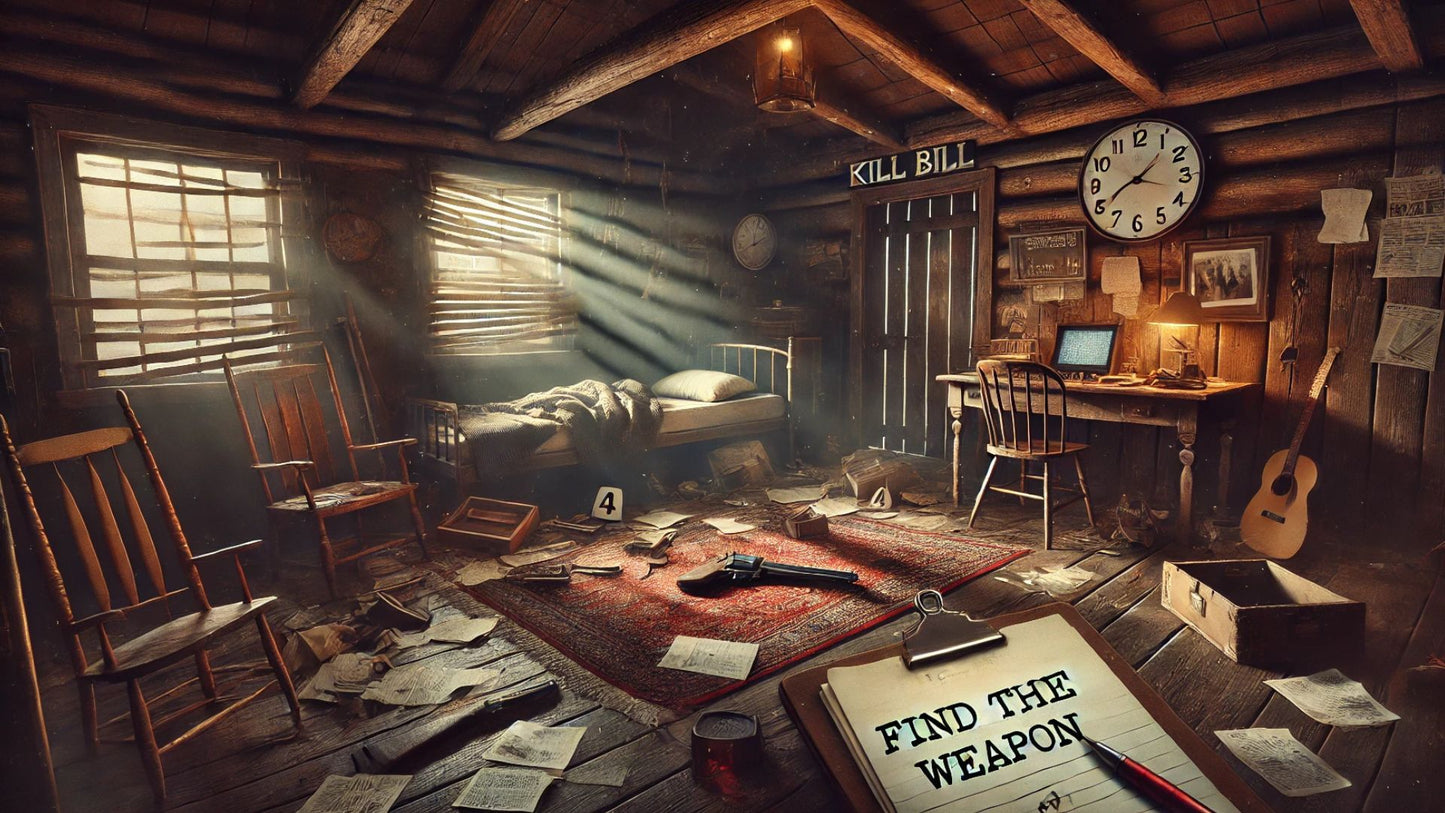 A crime scene in a rustic cabin with a gun on the rug and a note that says "FIND THE WEAPON."