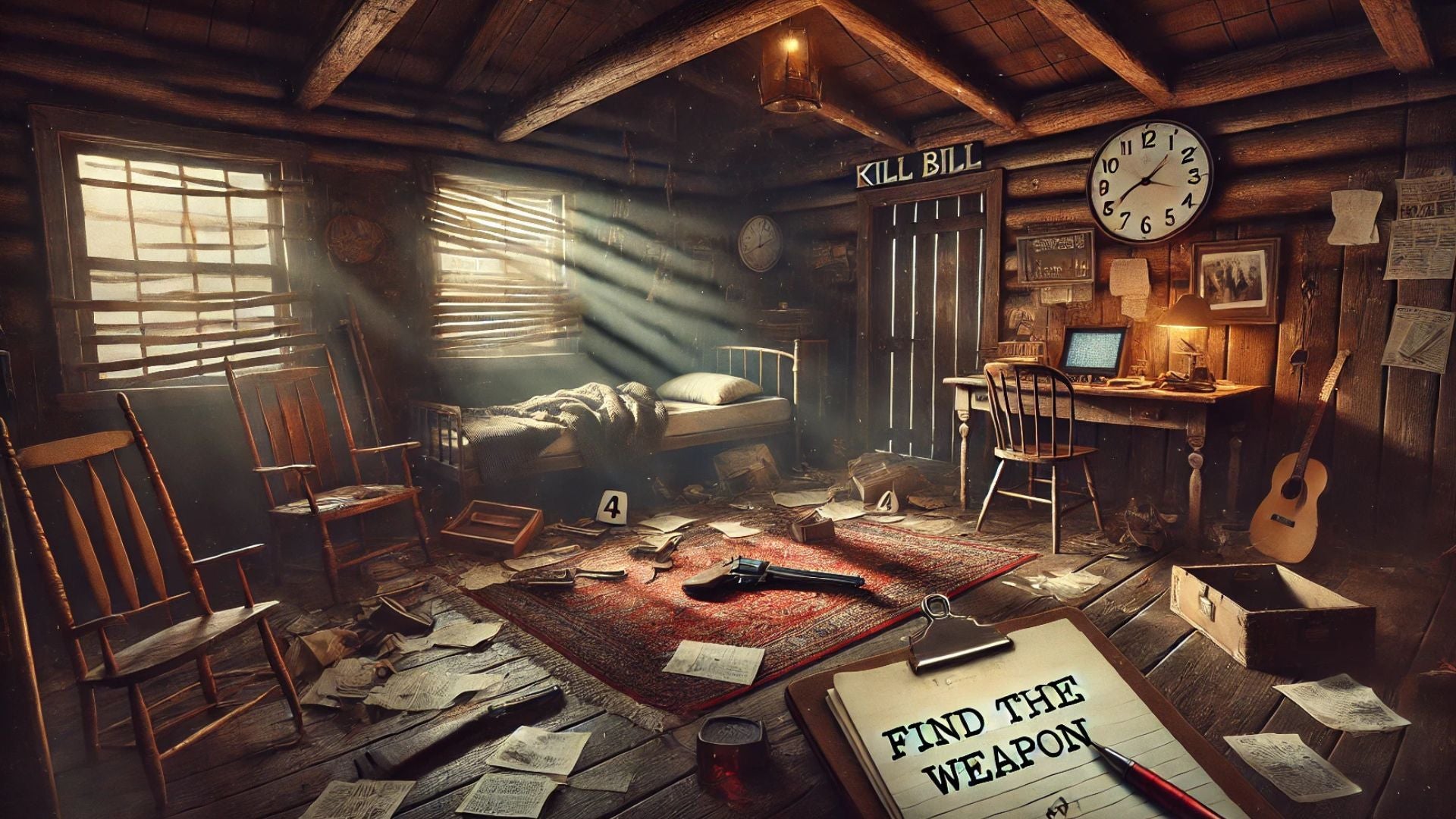 A crime scene in a rustic cabin with a gun on the rug and a note that says "FIND THE WEAPON."