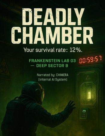 A person in a hazmat suit reaches for a glowing panel in a dark, industrial lab, with "DEADLY CHAMBER" and a timer displayed.