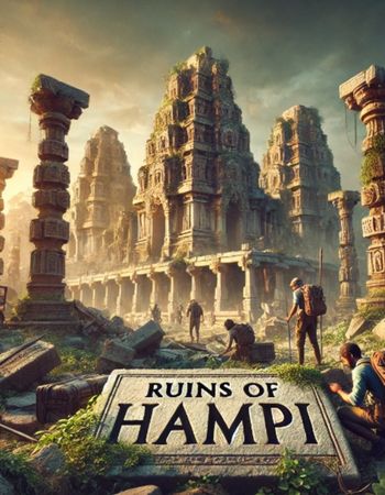 Adventurers explore the ancient, overgrown ruins of Hampi, with a stone sign in the foreground.