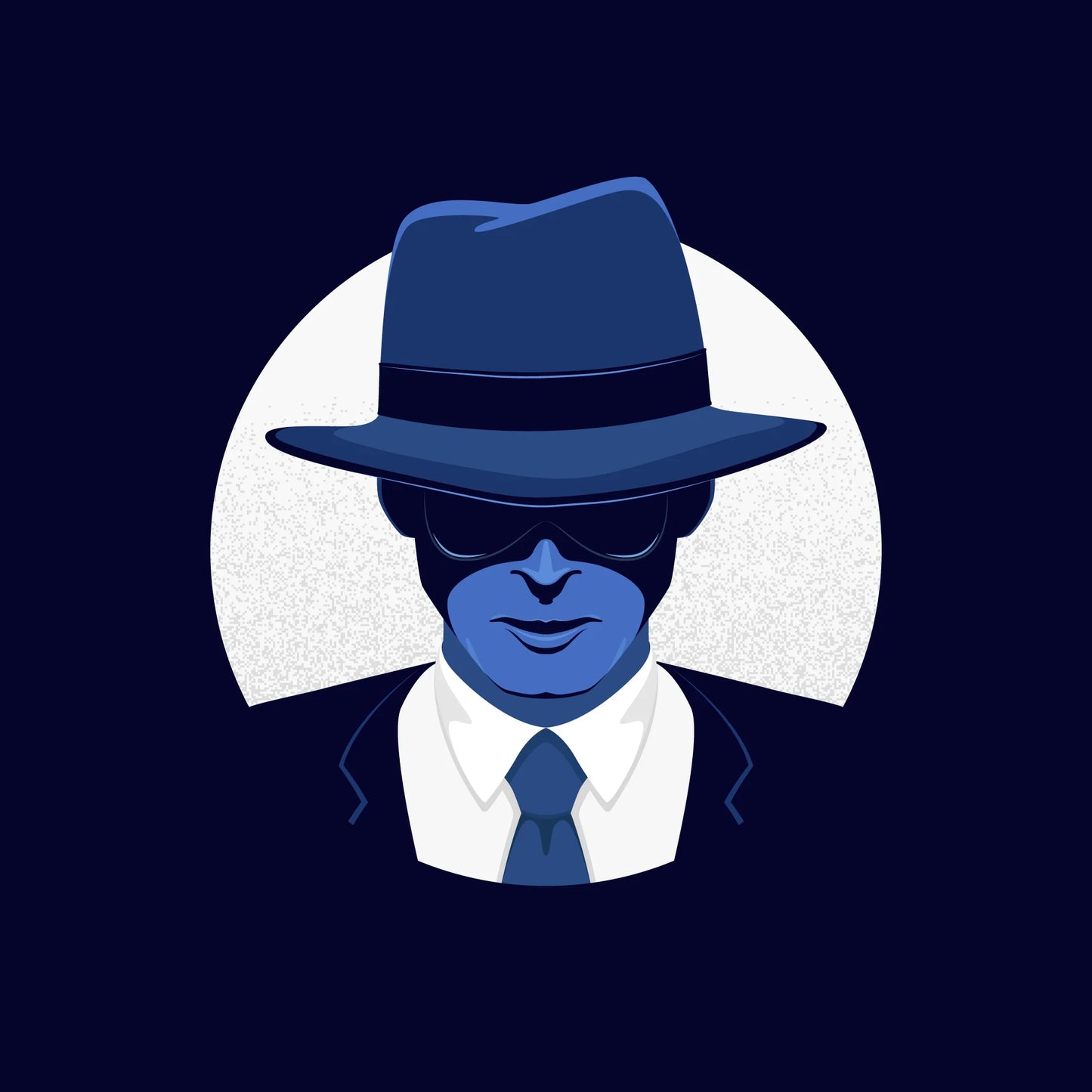 A stylized illustration of a person in a fedora, sunglasses, suit, and tie against a dark blue background with a textured white circle.