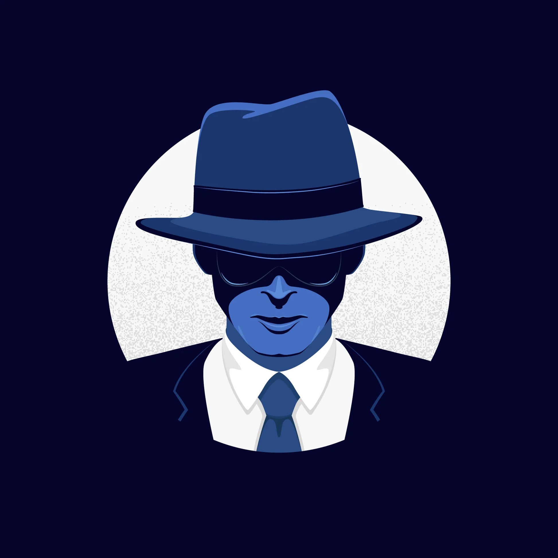 A stylized illustration of a person in a fedora, sunglasses, suit, and tie against a dark blue background with a textured white circle.
