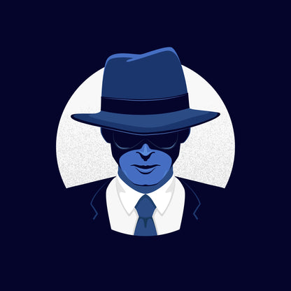 A stylized illustration of a person in a fedora, sunglasses, suit, and tie against a dark blue background with a textured white circle.