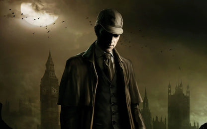 A man in a trench coat and hat stands in front of London landmarks under a full moon with birds flying.