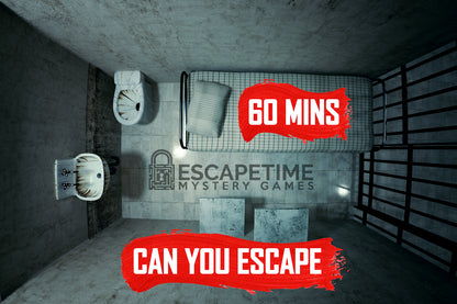An overhead view of a prison cell with a bed, toilet, sink, and text that reads "60 MINS CAN YOU ESCAPE".