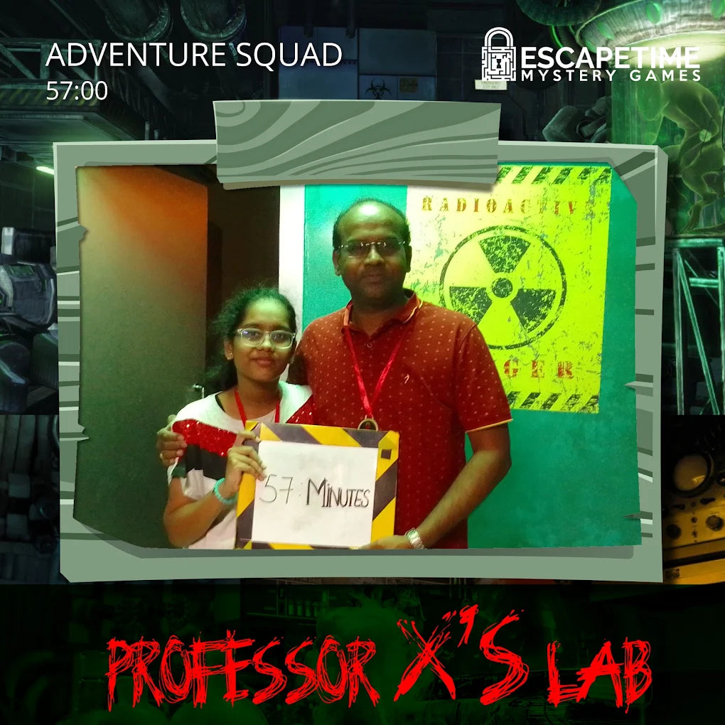 A father and daughter pose with a sign that says "57 Minutes" in a "Professor X's Lab" escape room.