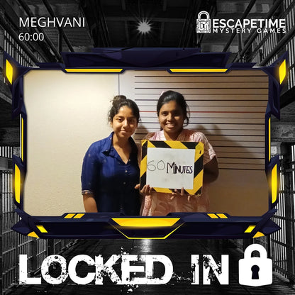 Two young women hold a sign that says "60 MINUTES" in an escape room with a prison theme.