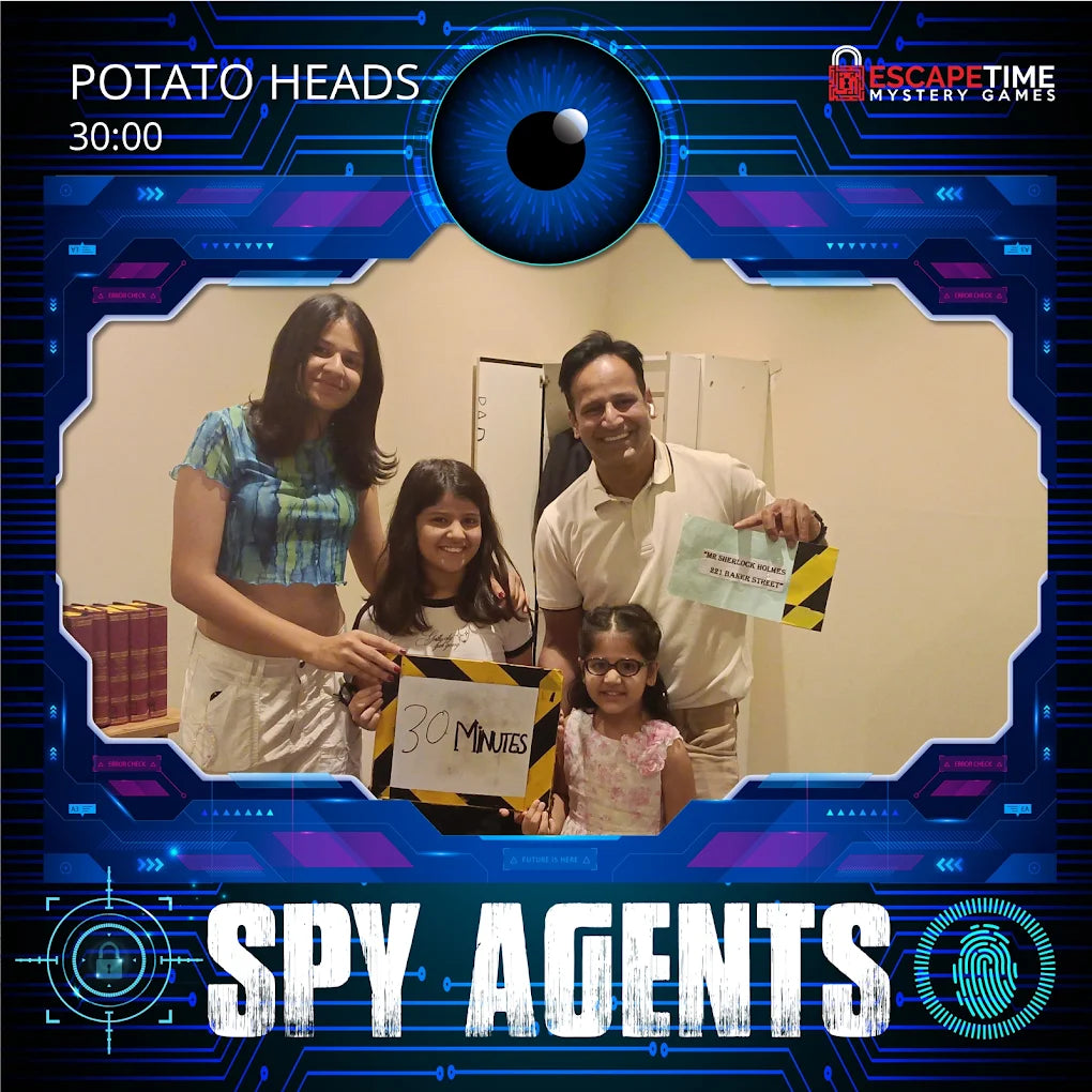 A family poses with escape room clues, holding signs that say "30 Minutes" and "Mr. Sherlock Holmes, 221 Baker Street."
