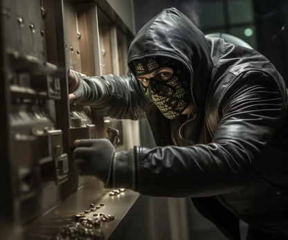 A person in a hoodie and mask attempts to open a locker, with coins scattered on the surface.