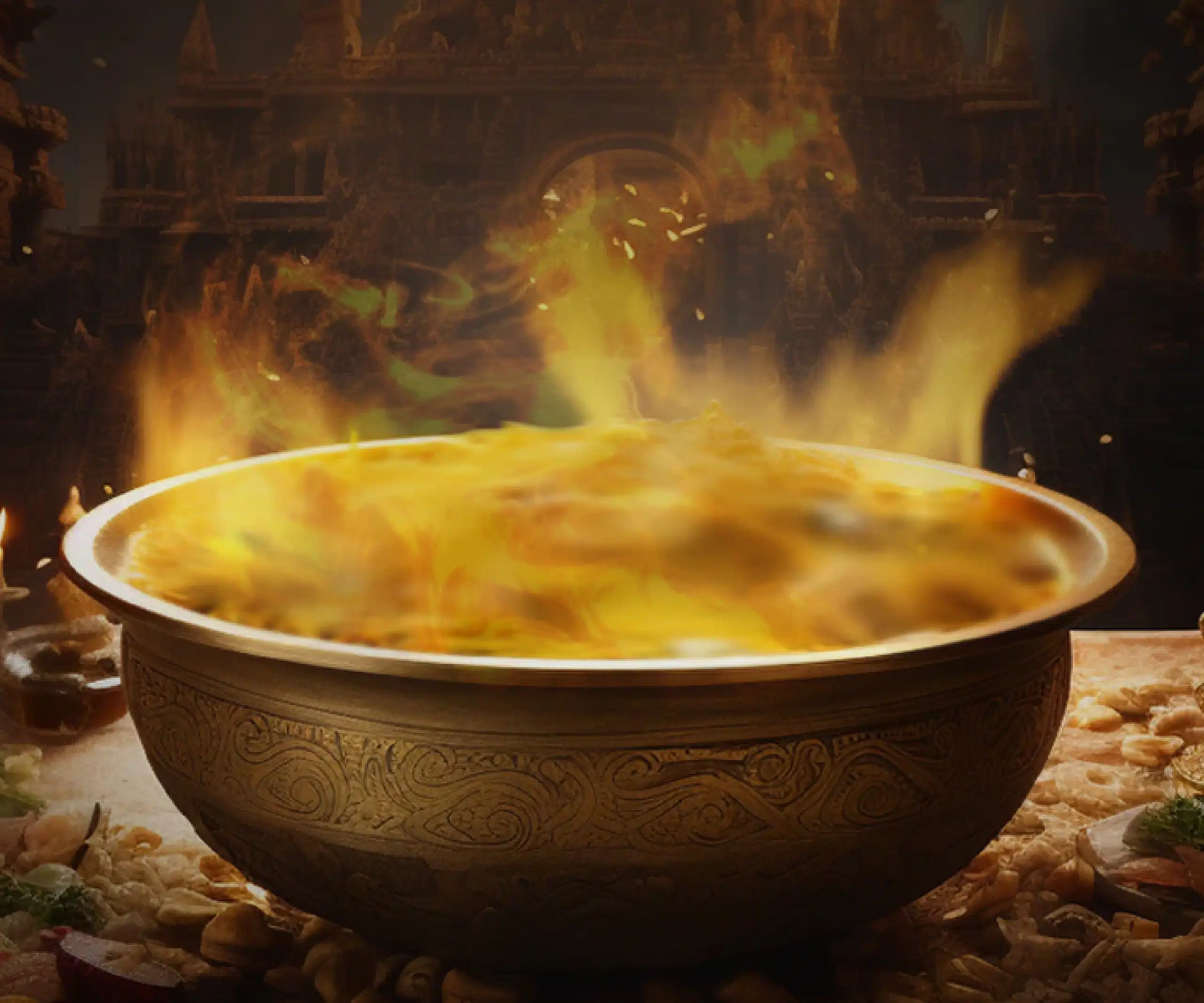 A large, ornate pot of steaming food sits before a dark, ancient structure with flames.