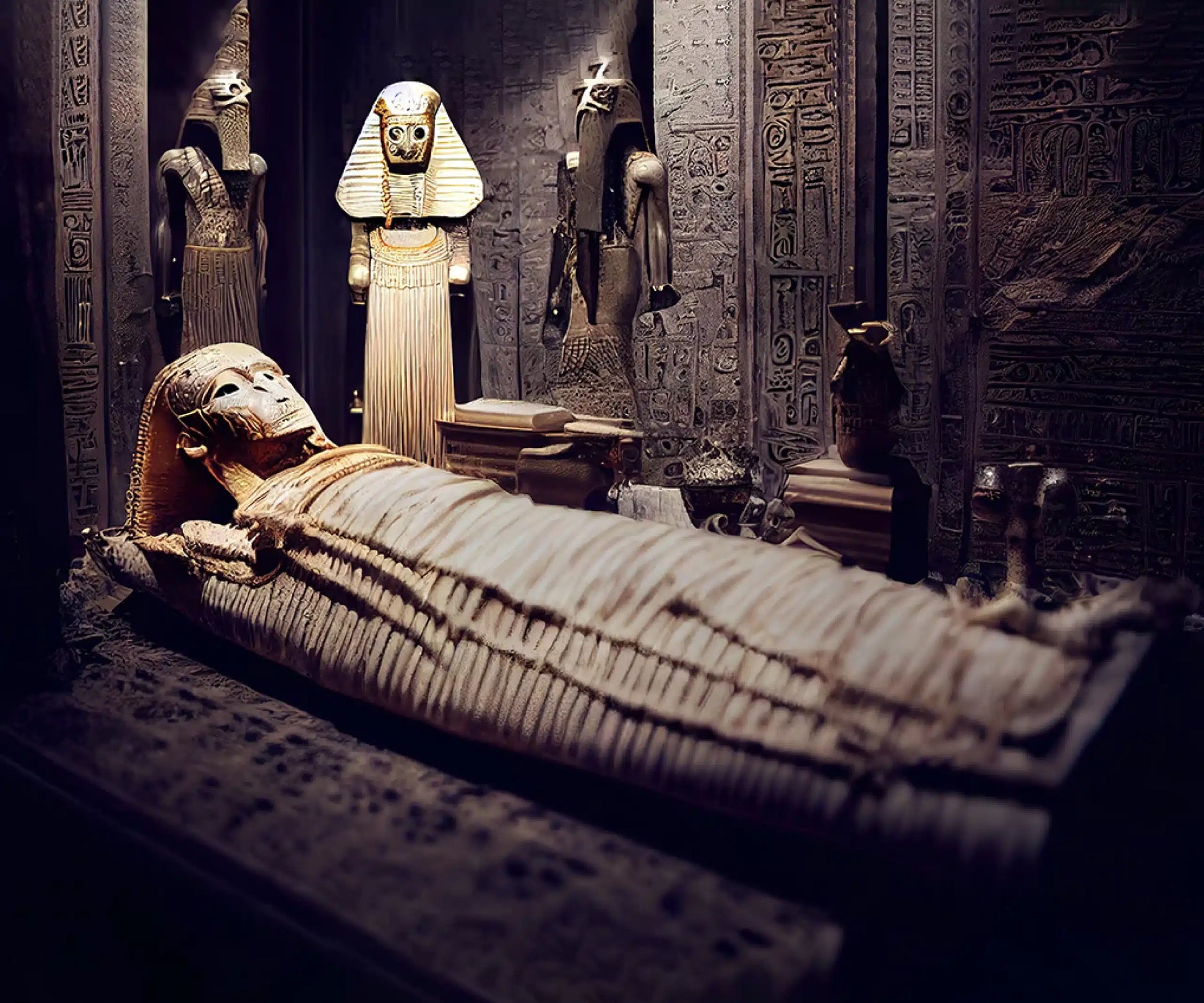A mummy lies in a sarcophagus in an ancient Egyptian tomb with hieroglyphs and statues.