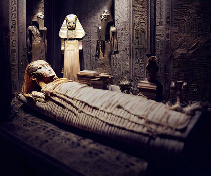 A mummy lies in a sarcophagus in an ancient Egyptian tomb with hieroglyphs and statues.