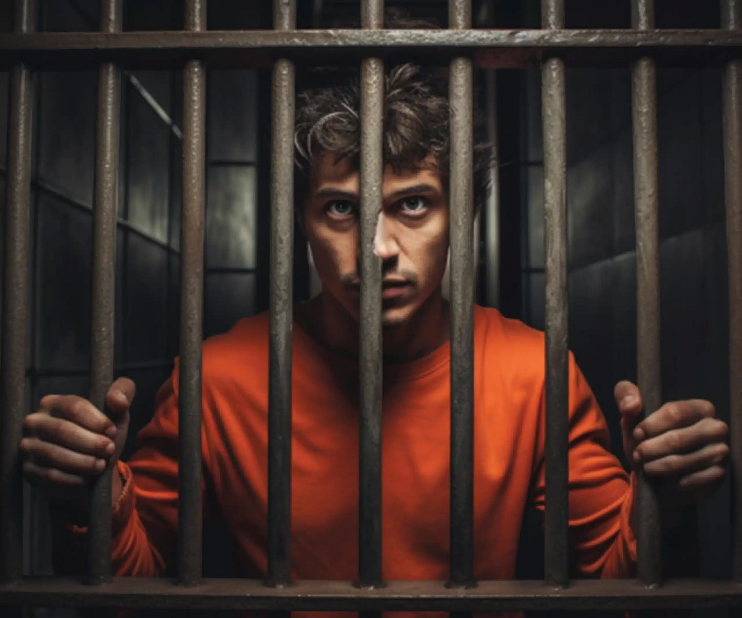 A young man in an orange jumpsuit grips prison bars, looking directly at the camera.
