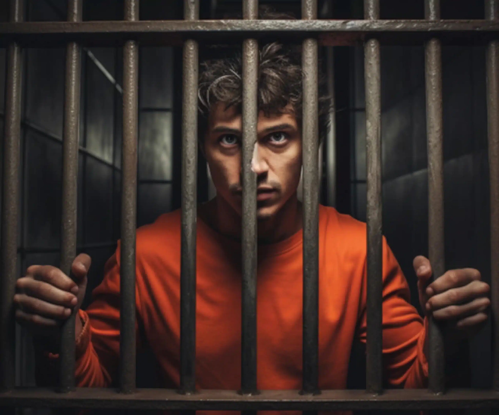 A young man in an orange jumpsuit grips prison bars, looking directly at the camera.