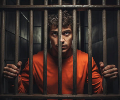 A young man in an orange jumpsuit grips prison bars, looking directly at the camera.