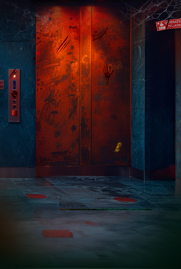 A grimy, blood-splattered elevator door with claw marks and a handprint.