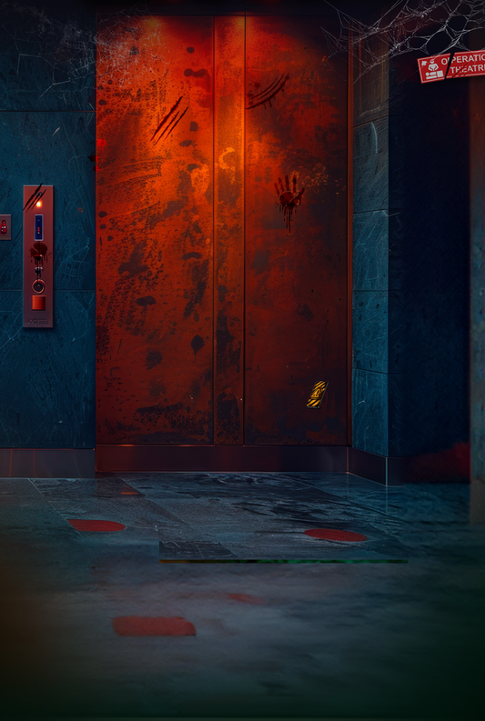 A grimy, blood-splattered elevator door with claw marks and a handprint.
