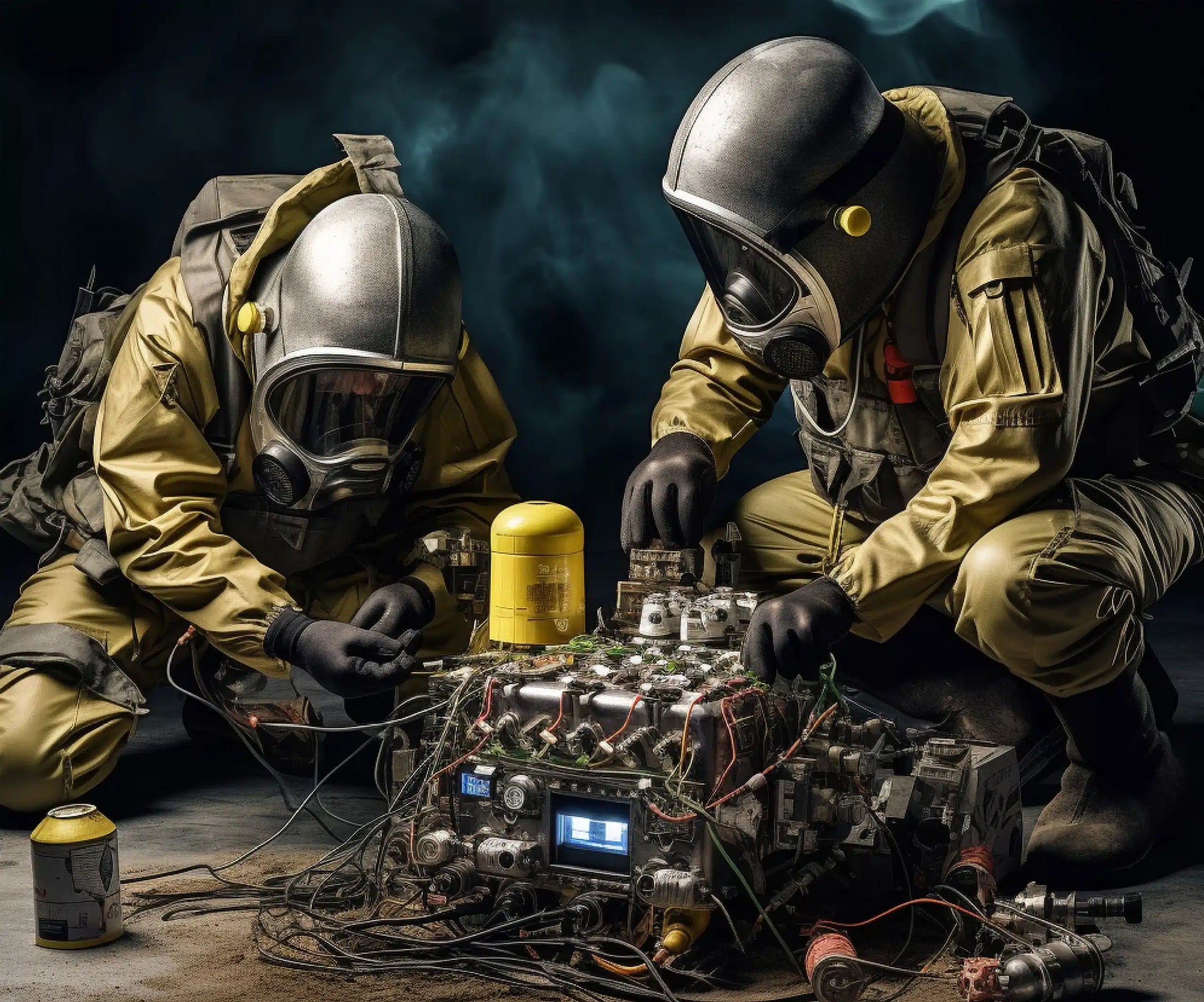 Two people in hazmat suits work on a complex, wired device. The scene is dark and smoky.