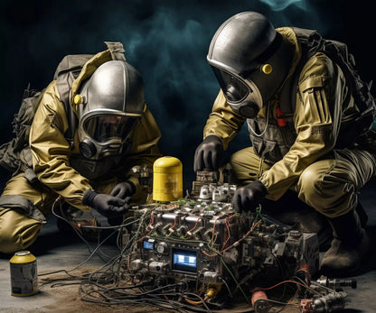 Two people in hazmat suits work on a complex, wired device. The scene is dark and smoky.