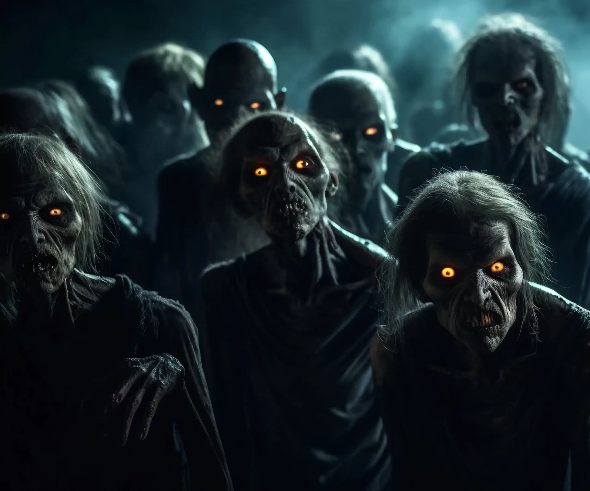 A group of terrifying zombies with glowing orange eyes emerge from the darkness.