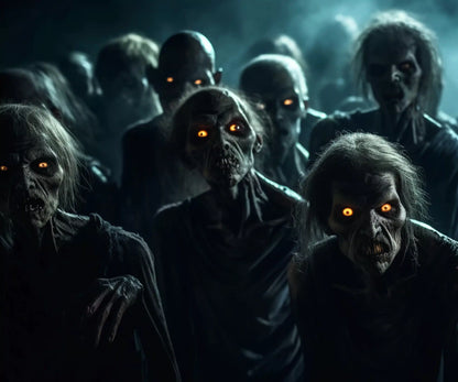 A group of terrifying zombies with glowing orange eyes emerge from the darkness.