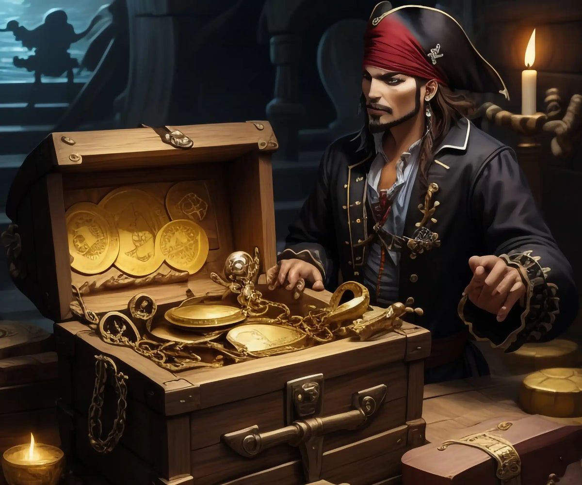 A pirate examines a treasure chest filled with gold coins and jewelry.