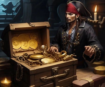 A pirate examines a treasure chest filled with gold coins and jewelry.