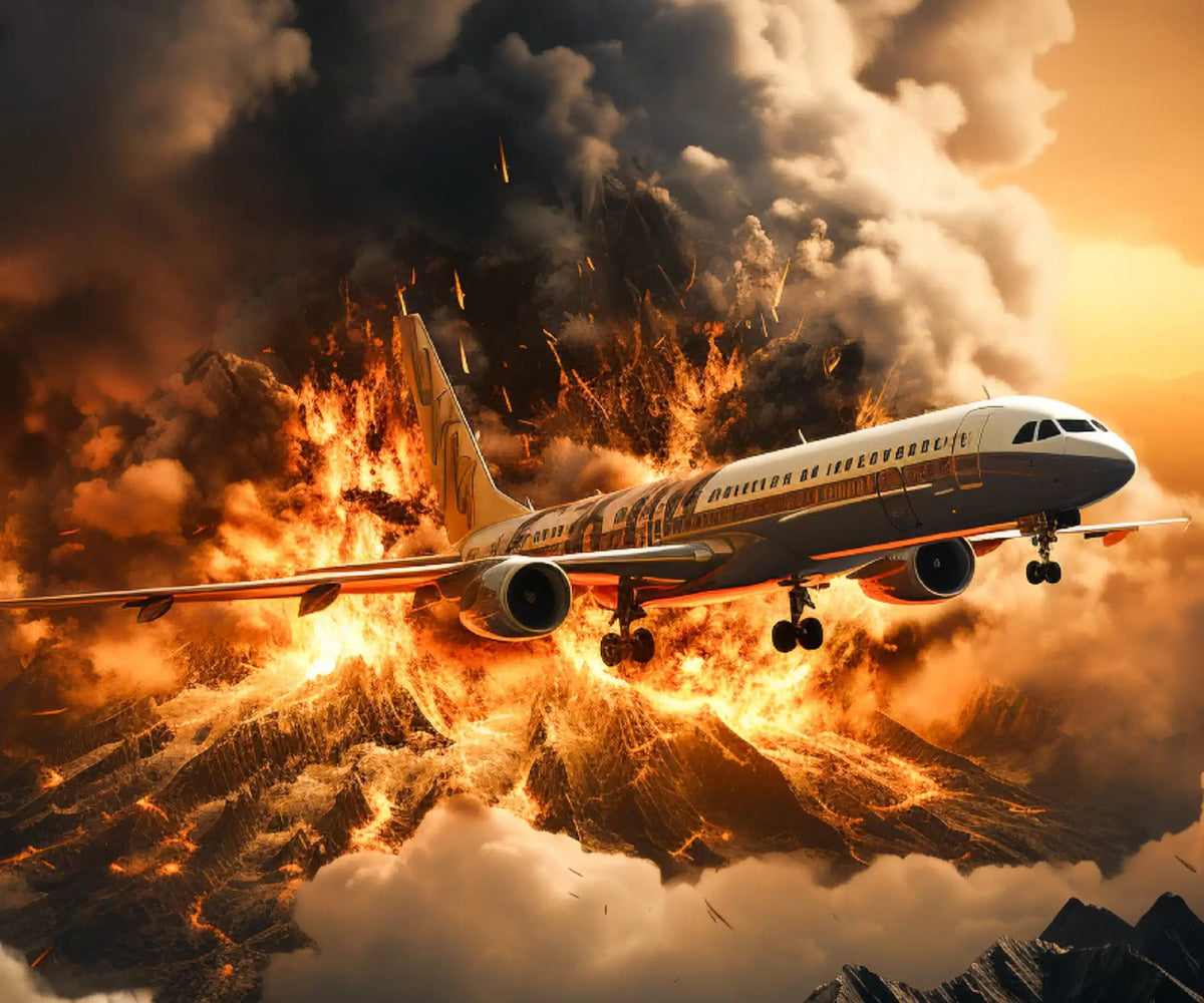 An airplane flies over a volcanic eruption with lava and ash.