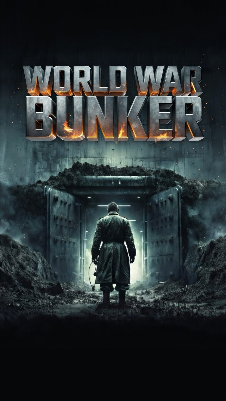 A man in a trench coat stands before an open bunker door, with "World War Bunker" text above.