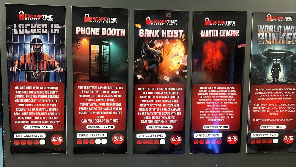 Escape room posters for adults, featuring themes like a prison break, bank heist, and haunted elevator.