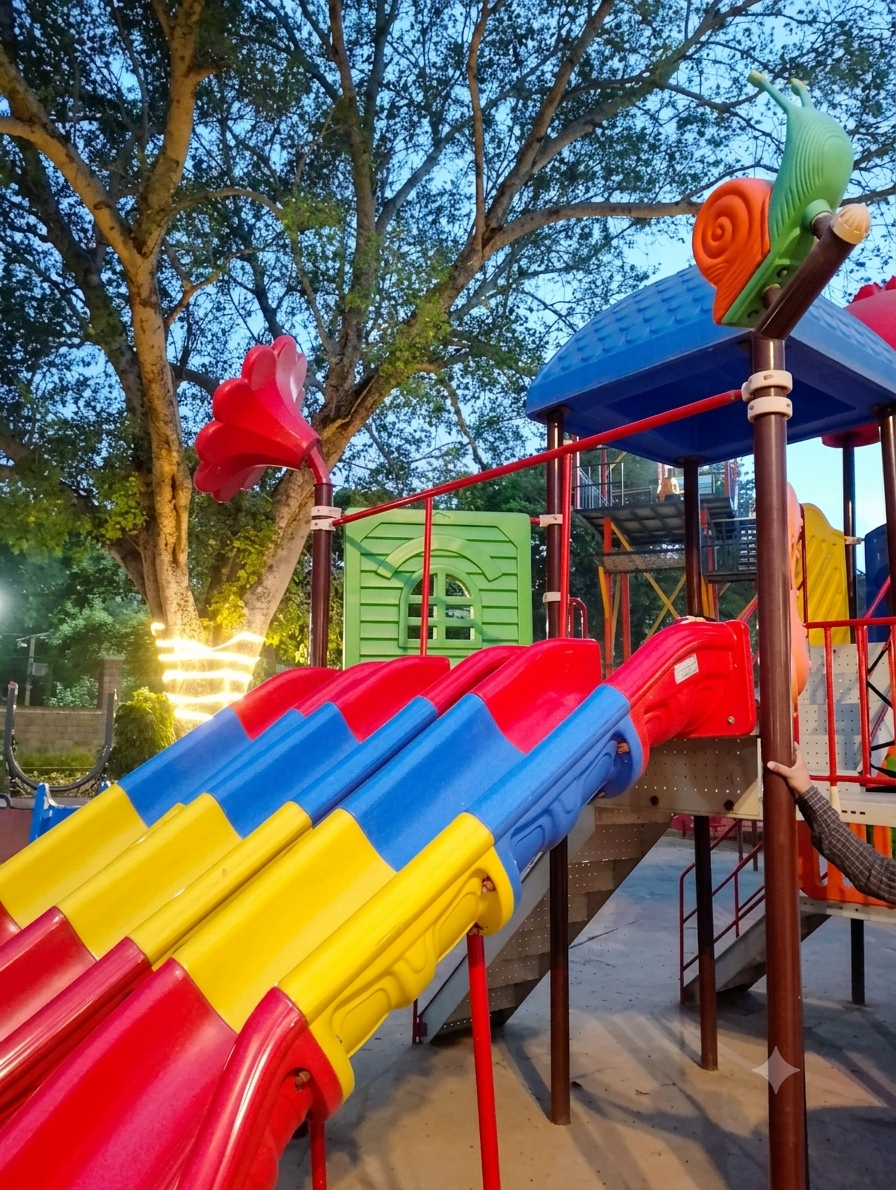 A colorful playground with slides and a snail decoration, set against a twilight sky and trees.