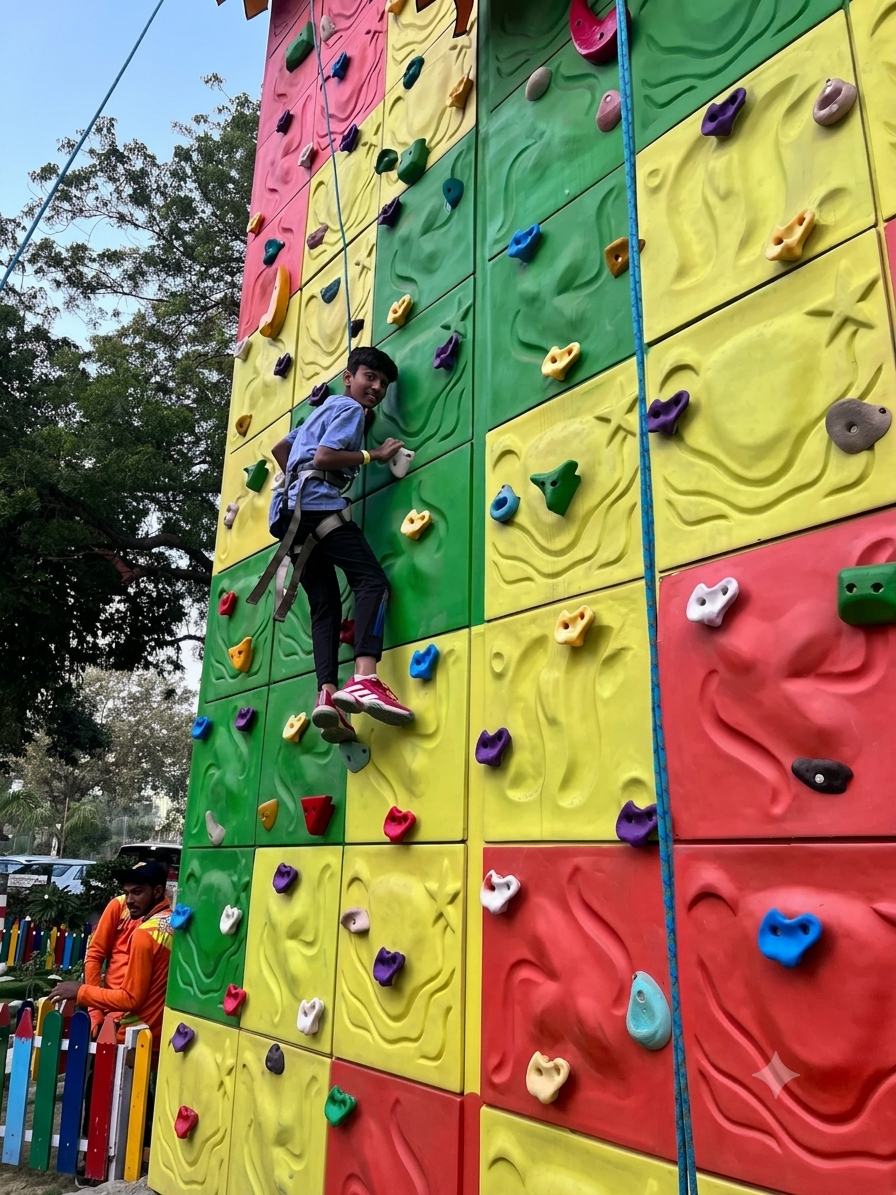 A young boy climbs a colorful rock wall, with an attendant watching nearby.
