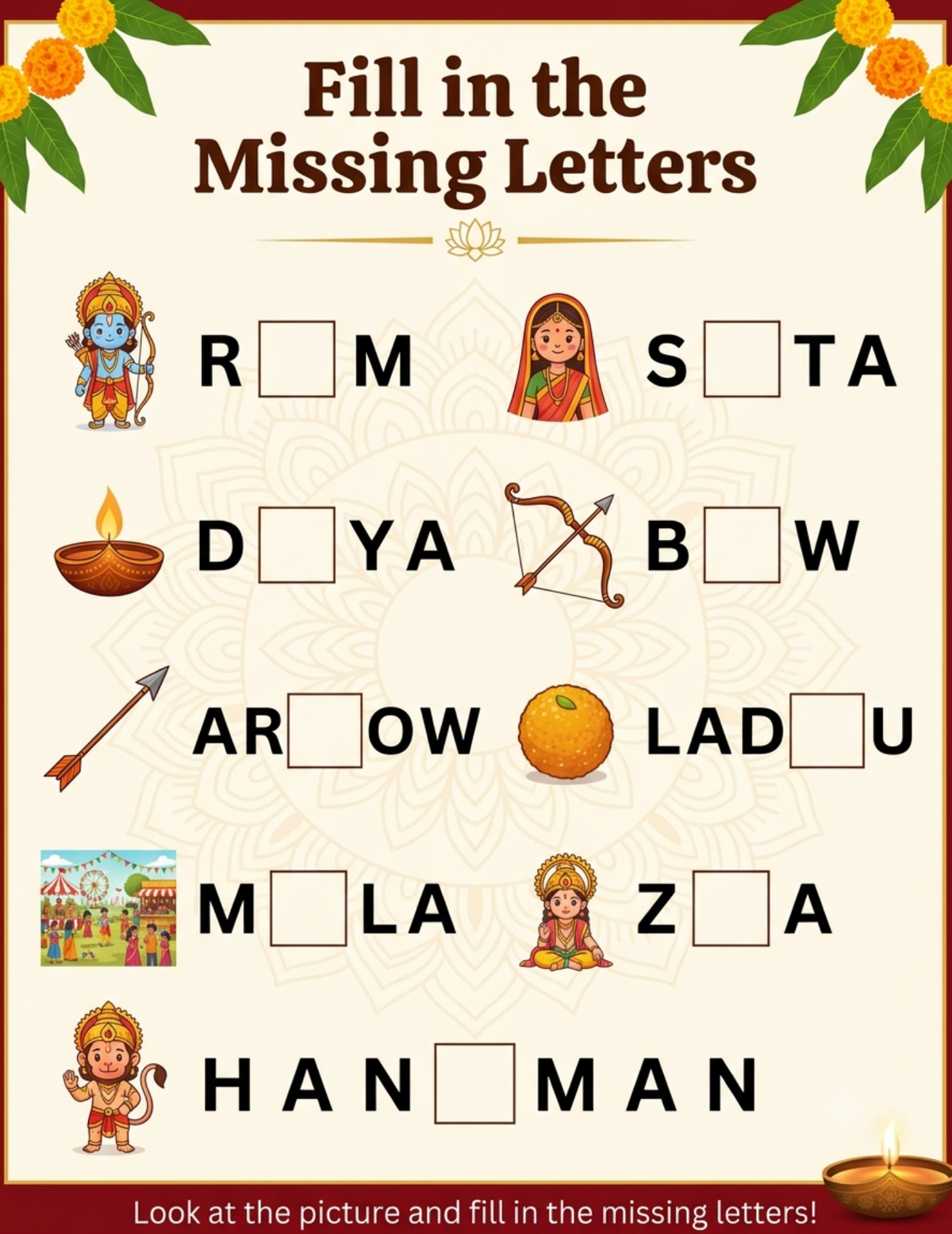 Fill in the Missing Letters – Dussehra Worksheet