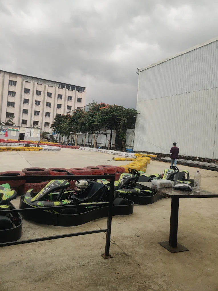 Go-karts lined up at a track with a building and trees in the background.