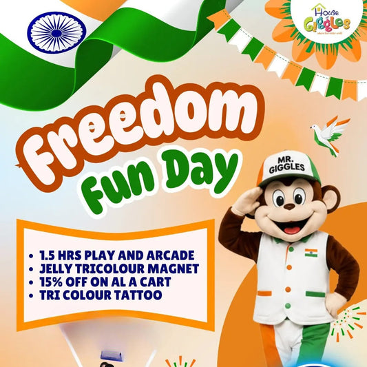 Promotional flyer for 'Freedom Fun Day' featuring a cartoon monkey mascot, festive Indian flag and bunting graphics, and text advertising play, arcade, jelly tricolor magnet, and tri colour tattoo offers.