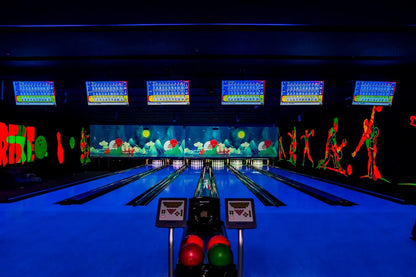 A neon-lit bowling alley with glowing pins and scoreboards, featuring abstract figures on the walls.