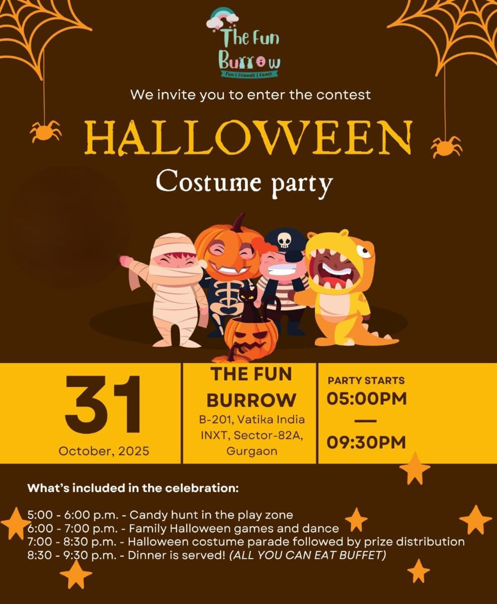 Halloween costume party invitation with cartoon characters and event details on a brown and yellow background.