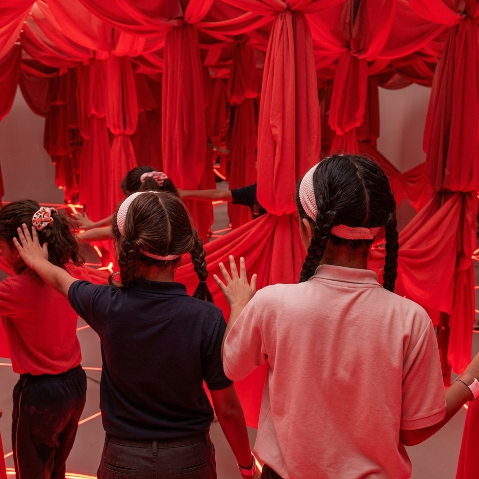Children in a red, draped installation, with their backs to the camera.