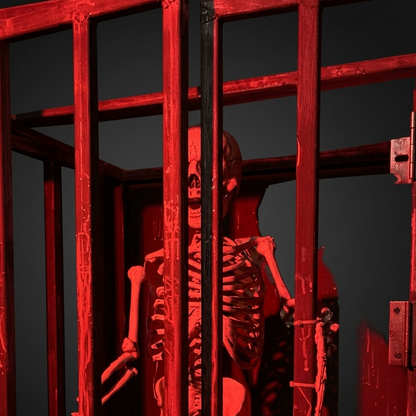 A skeleton in a red cage, illuminated by red light.
