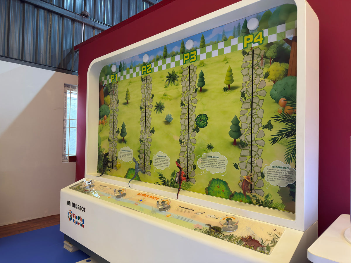 A dinosaur-themed interactive game for children, featuring a race track and educational information about dinosaurs.