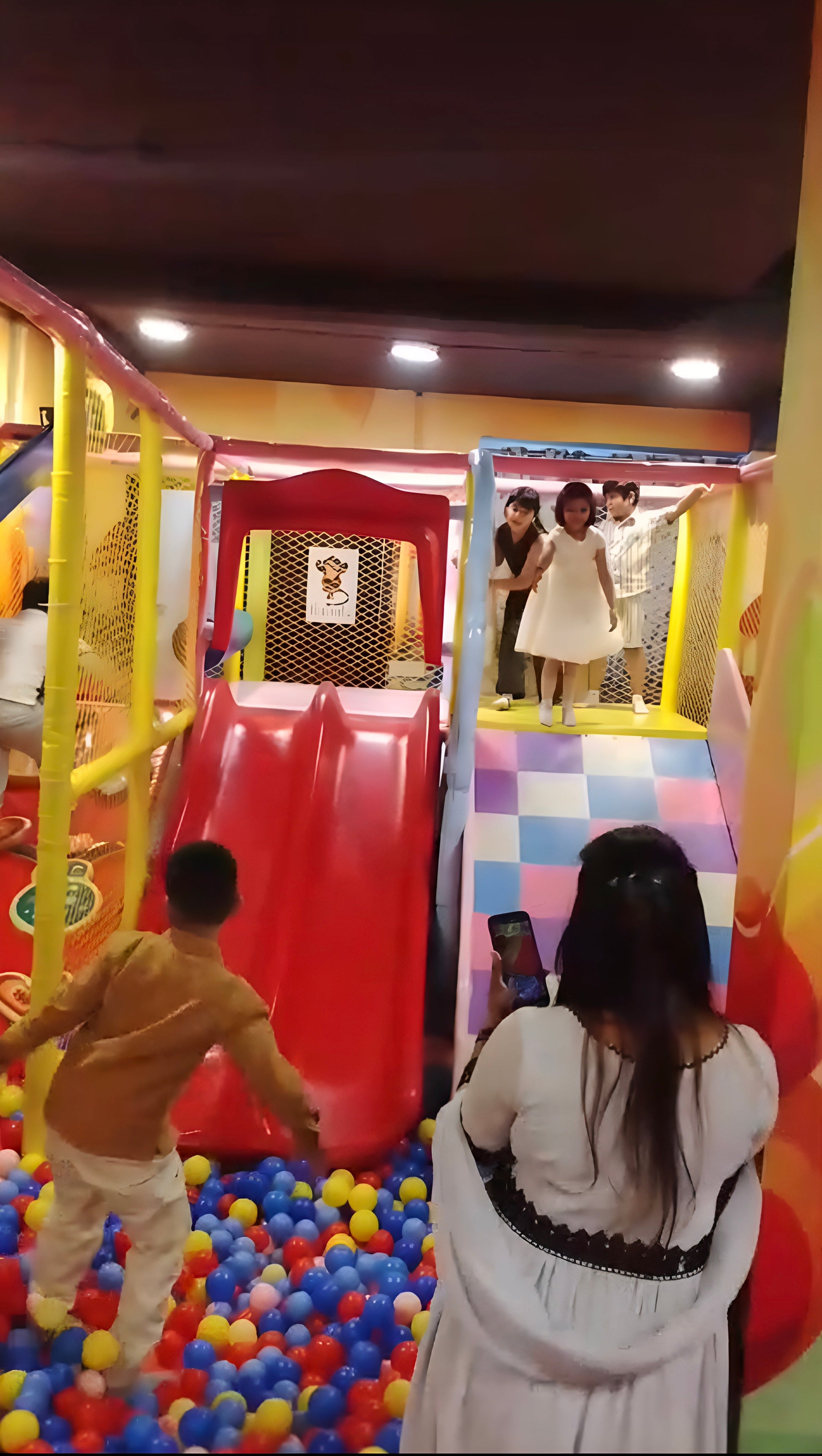 Children playing in a colorful indoor playground with slides and ball pits.