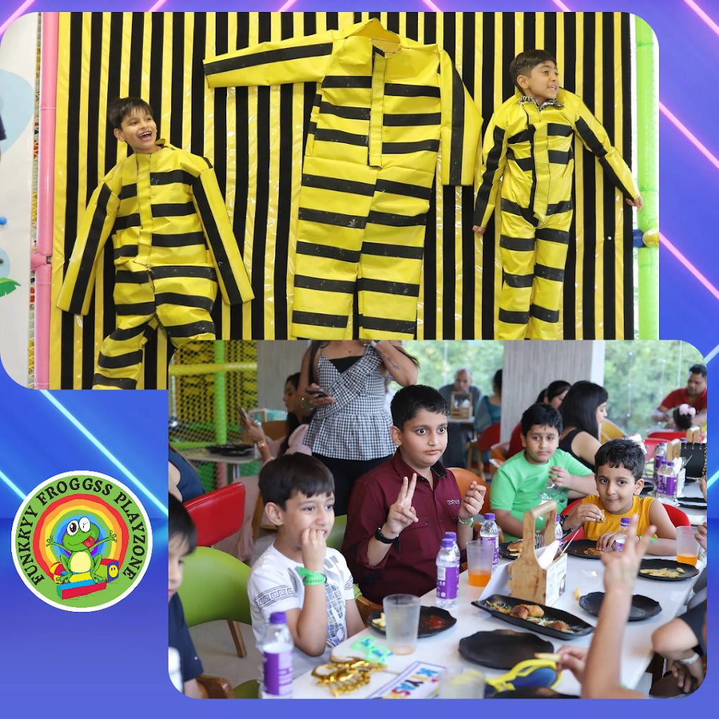 Children in bee costumes with a Busy Bees Playgroup logo and children eating at a table.