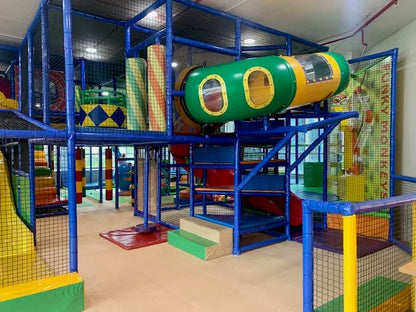 A colorful indoor playground with slides, tunnels, and climbing structures for children.
