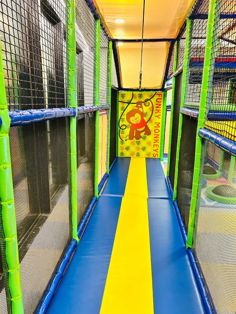 A colorful indoor playground with a monkey-themed slide and netting.