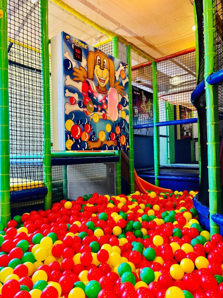 A ball pit filled with colorful balls and a cartoon dog game.