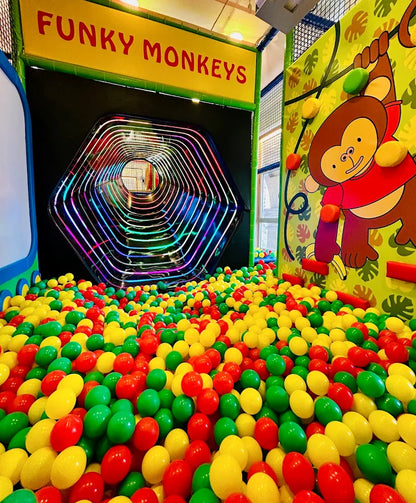 A colorful ball pit with a tunnel and monkey-themed climbing wall at a children's play area.