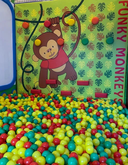 A ball pit filled with colorful balls, with a "Funky Monkey" themed wall featuring a monkey graphic.
