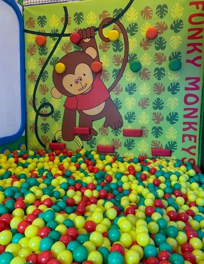 A ball pit filled with colorful balls, with a "Funky Monkey" themed wall featuring a monkey graphic.